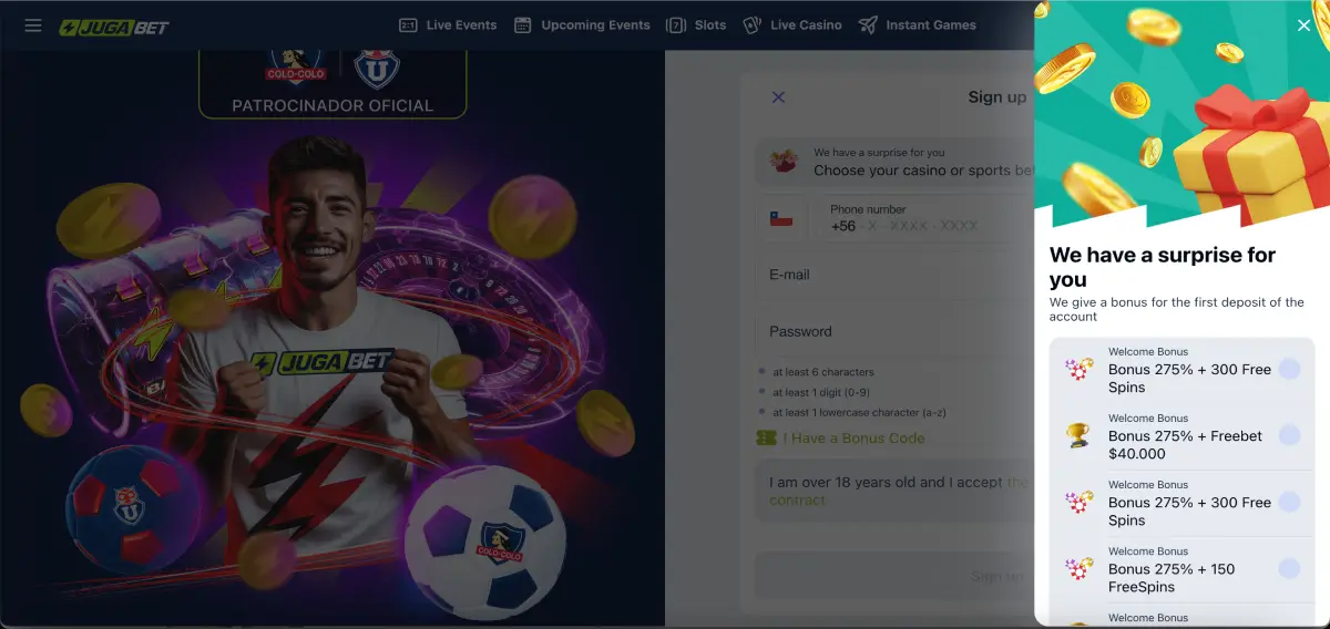Bono de registro 275% + 300 giros gratis en Jugabet