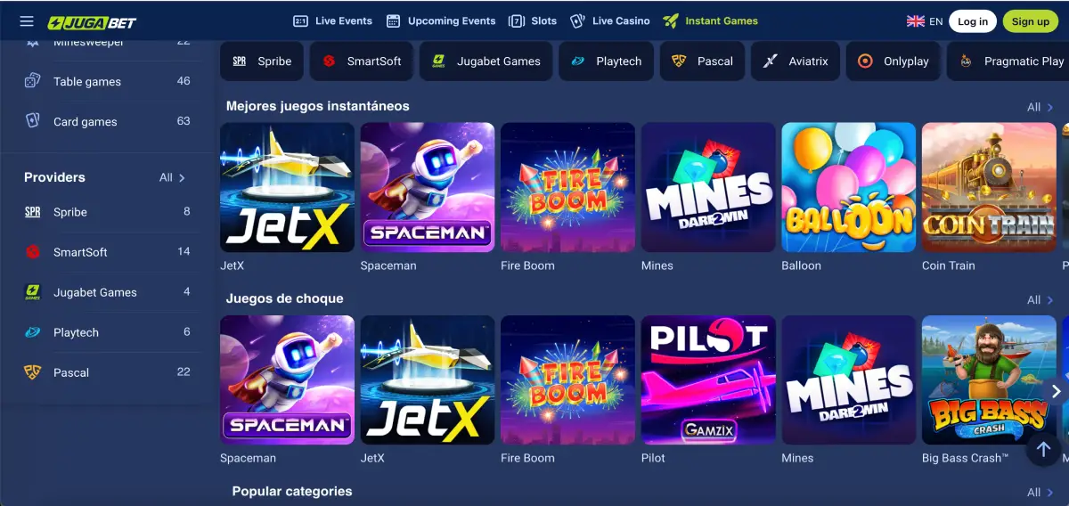 Interfaz de Jugabet con sección de juegos crash