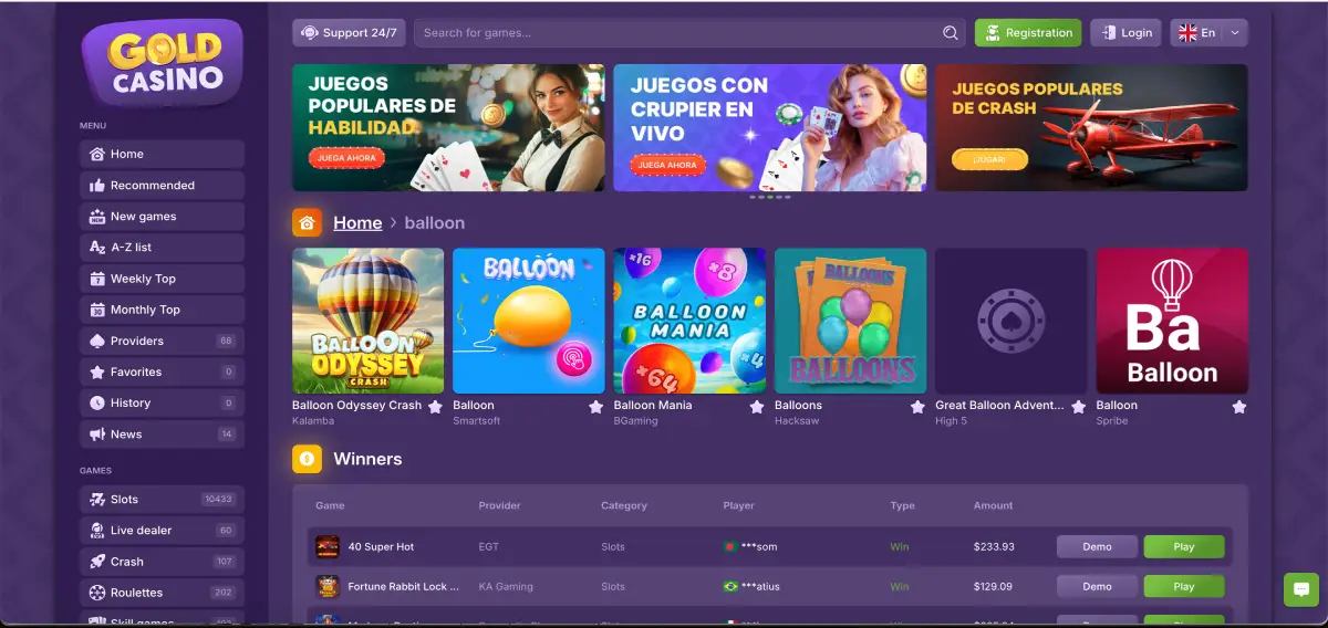 Página principal del casino Fast Slots con barra de búsqueda y Balloon game Página principal del casino Fast Slots con barra de búsqueda y Balloon game
