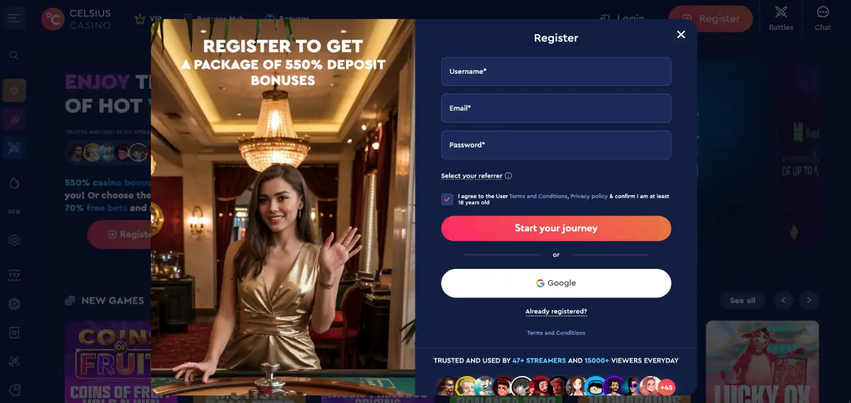Ventana de registro en Celsius casino