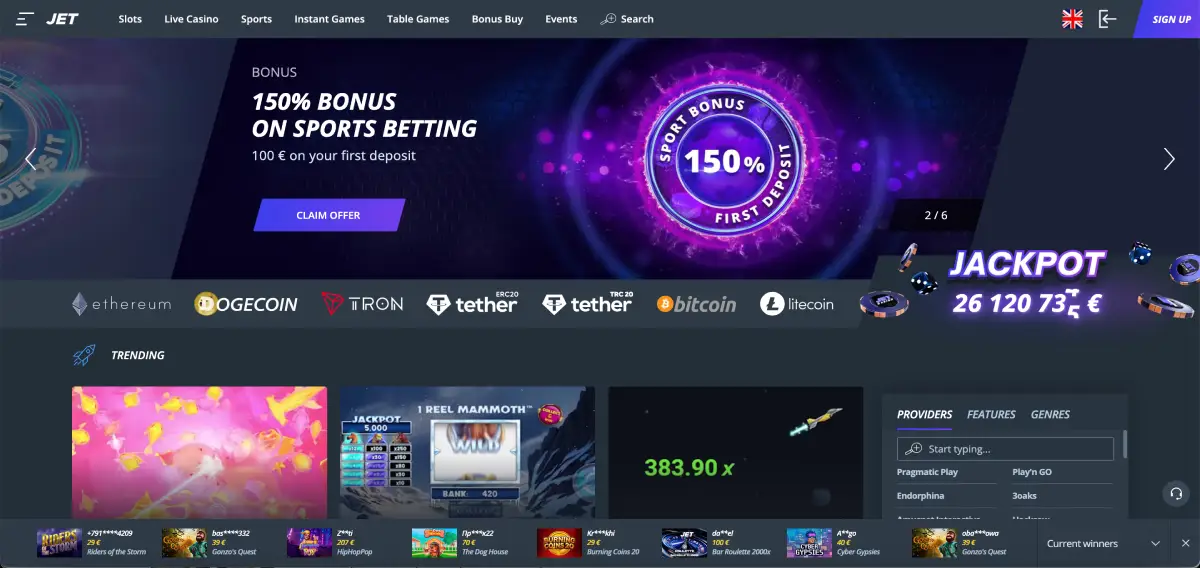 Pantalla de selección de bono en Jet casino