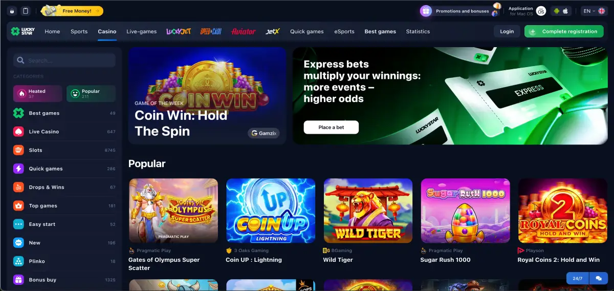 Página principal del casino Lucky Star con juegos y promociones destacadas