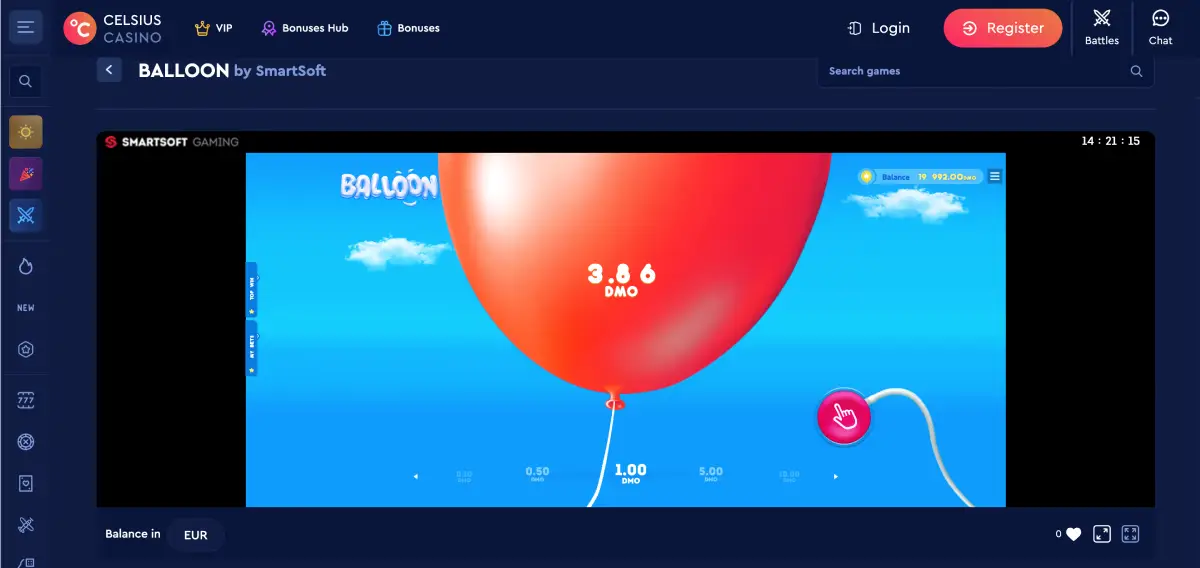 Interface de Celsius Casino